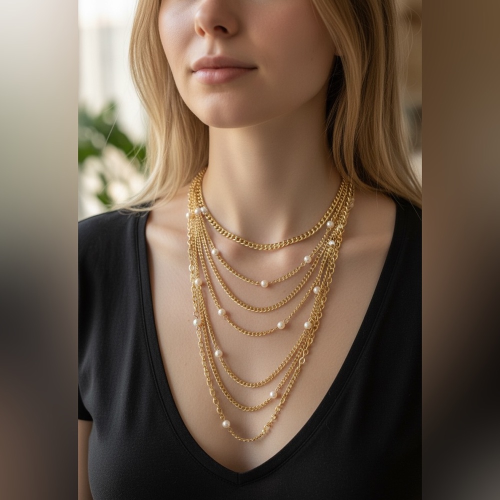 Elegant Gold Layered Necklace with Pearls
